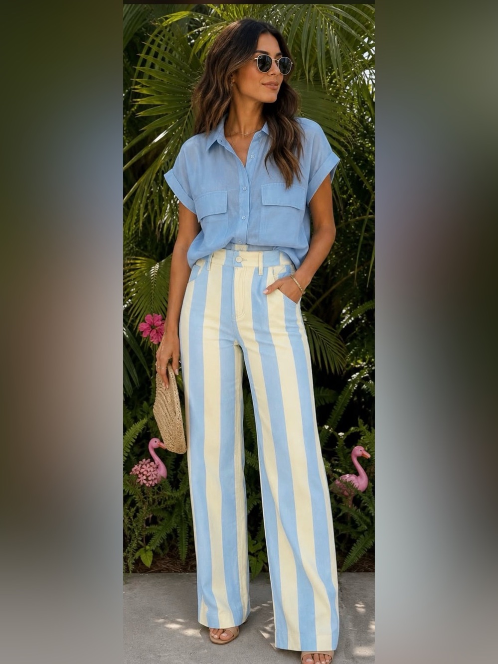Blue and Yellow Striped Wide-Leg Pants